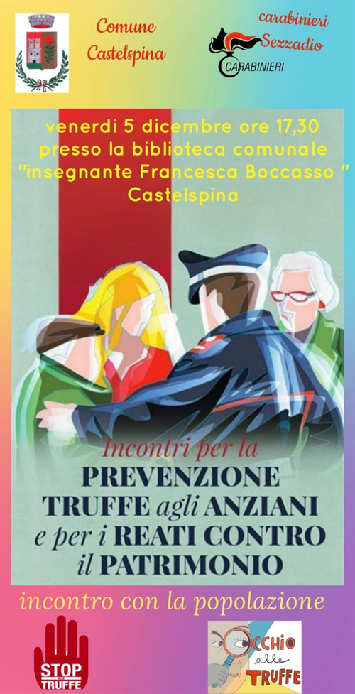 Prevenzione truffe agli anziani - Incontro con la popolazione venerdì 5 dicembre ore 17.30 presso la Biblioteca Comunale "Insegnante Francesca Boccasso"